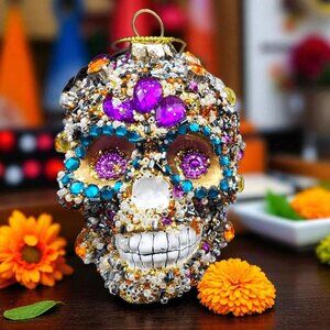 Sugar Skull Ornament Pier 1 Rhinestone Beaded Sequins Retired Halloween Gold v2